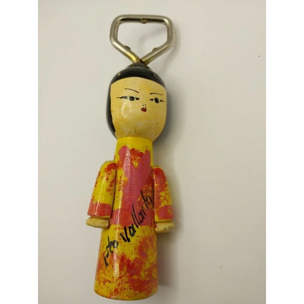 Vintage Wooden Doll Bottle Opener Handcrafted Yellow Red Black Decorative Unique